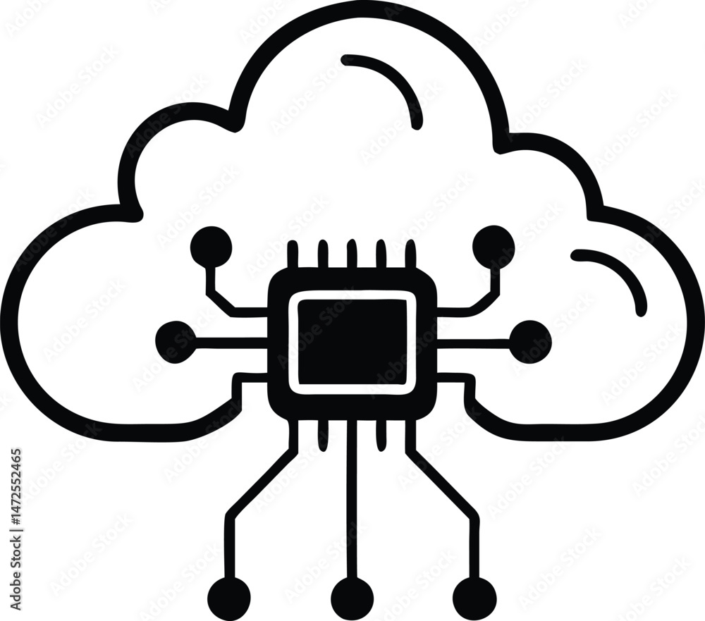 Poster vector illustration of a microchip connected to a cloud icon representing ai technology