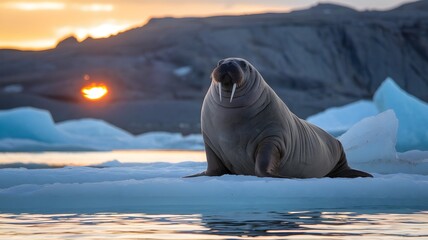 A majestic walrus basking on an icy surface with a beautiful sunset background. The animal's tusks gleam, and the overall scene evokes a sense of tranquility amidst the cold