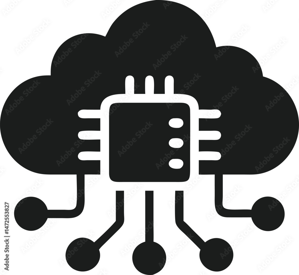 Poster vector illustration of microchip connected to a cloud icon representing data storage.