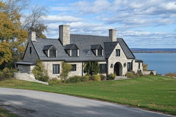 Exterior View of Stone Mansion with Slate Roof and Chimneys near Lake