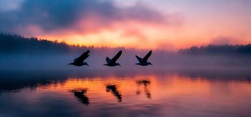 Silhouette of Seagulls Soaring Over a Tranquil Lake at Sunrise or Sunset