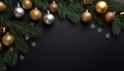 black christmas background with shiny ornaments and christmas tree twig happy holidays winter noel