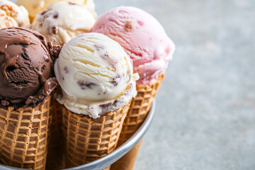 A detailed shot of multiple ice cream cones with different pastel-colored scoops, highlighting the textures and flavors of a tempting selection of frozen summer desserts.