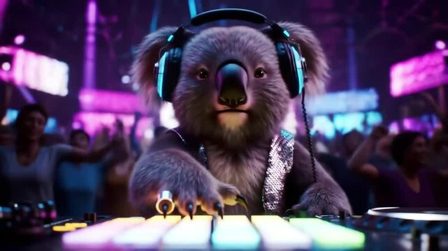 Anthropomorphic animal DJ playing music at a vibrant party