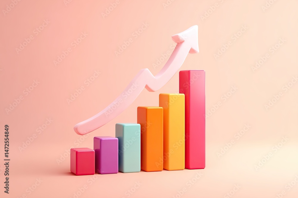 Poster growth in performance visualized with bars and an upward arrow on a pastel background