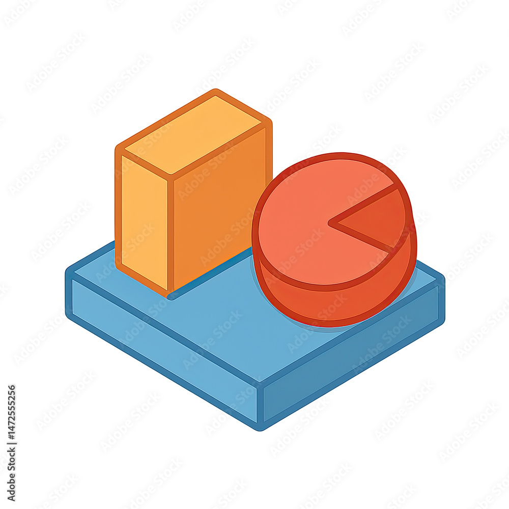Poster isometric 3d illustration of a cube and pie chart on a platform representing data analysis and busin