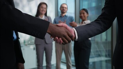 Businesspeople partners shaking hands handshake greeting cheering success deal financial offer client consumer business team multiethnic businesswomen businessmen agreement office cooperate coworking - Powered by Adobe