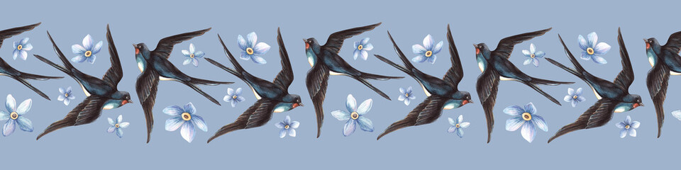 Swallows birds spring elegant seamless border. Hand drawn vintage watercolor graphic bordure banner. Perfect for retro wrapping paper, seasonal decoration, home textile, feminine fabrics, kitchenware