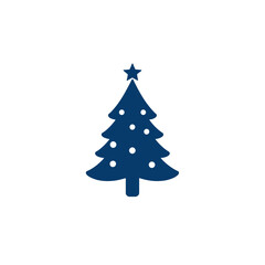 Fototapeta premium Simple blue Christmas tree illustration with a star and ornaments on a white background with copy space