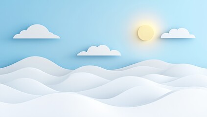 Pastel-toned landscape with soft clouds and sun