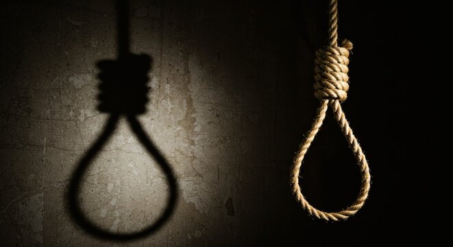 AI image of a tightly knotted noose and its ominous shadow on a textured wall, conveying themes of suicide and despair.