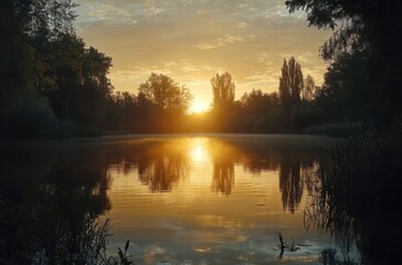 Fototapeta premium Sunset over calm lake with reflections of trees