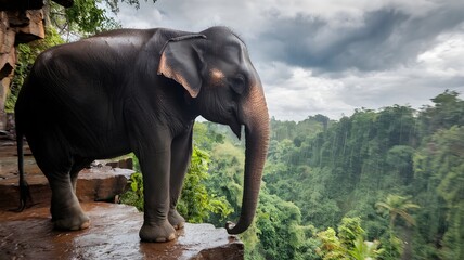 Obraz premium Majestic elephant observing the expansive, lush jungle landscape 