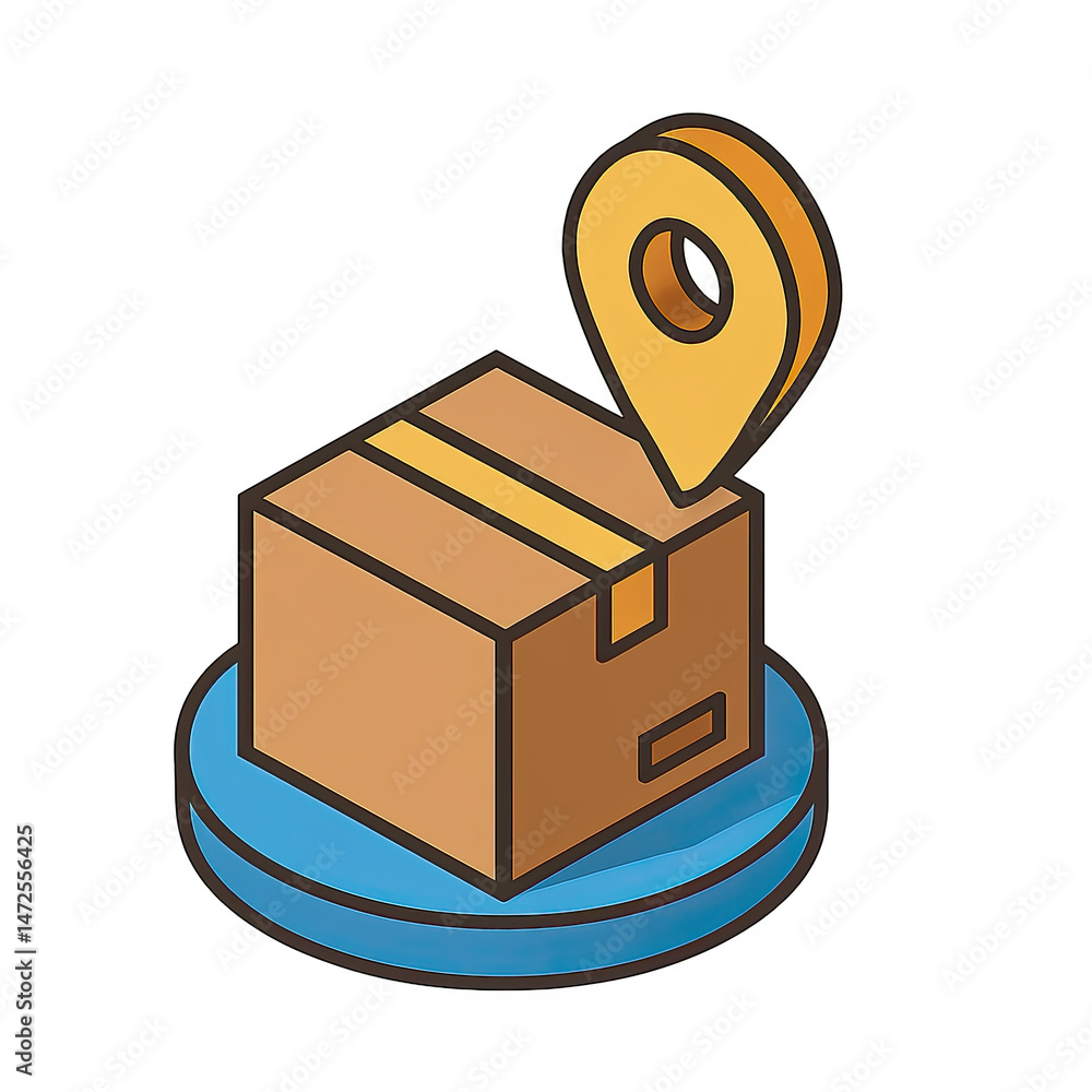 Poster isometric illustration of a cardboard box with a location pin showing delivery tracking and package 