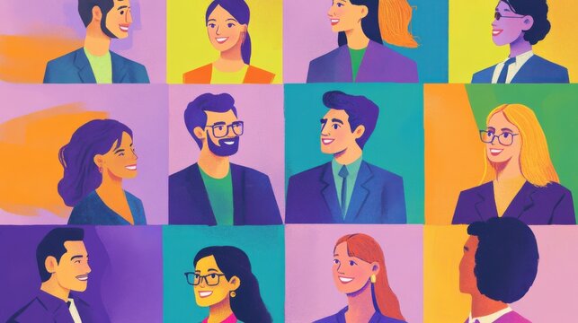 Diverse company employees having online business conference video call on tv screen monitor in board meeting room. Videoconference presentation, global virtual group corporate training concept. illus