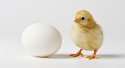 Fluffy chick explores large white egg soft light background. AI Generated
