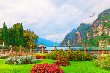 Serene Lake Garda Landscape: Watercolor View of Riva del Garda