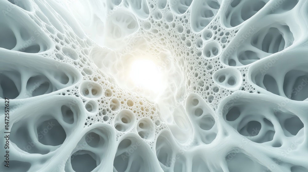 Poster a complex fractal pattern in white with a central bright light, creating a mesmerizing, otherworldly