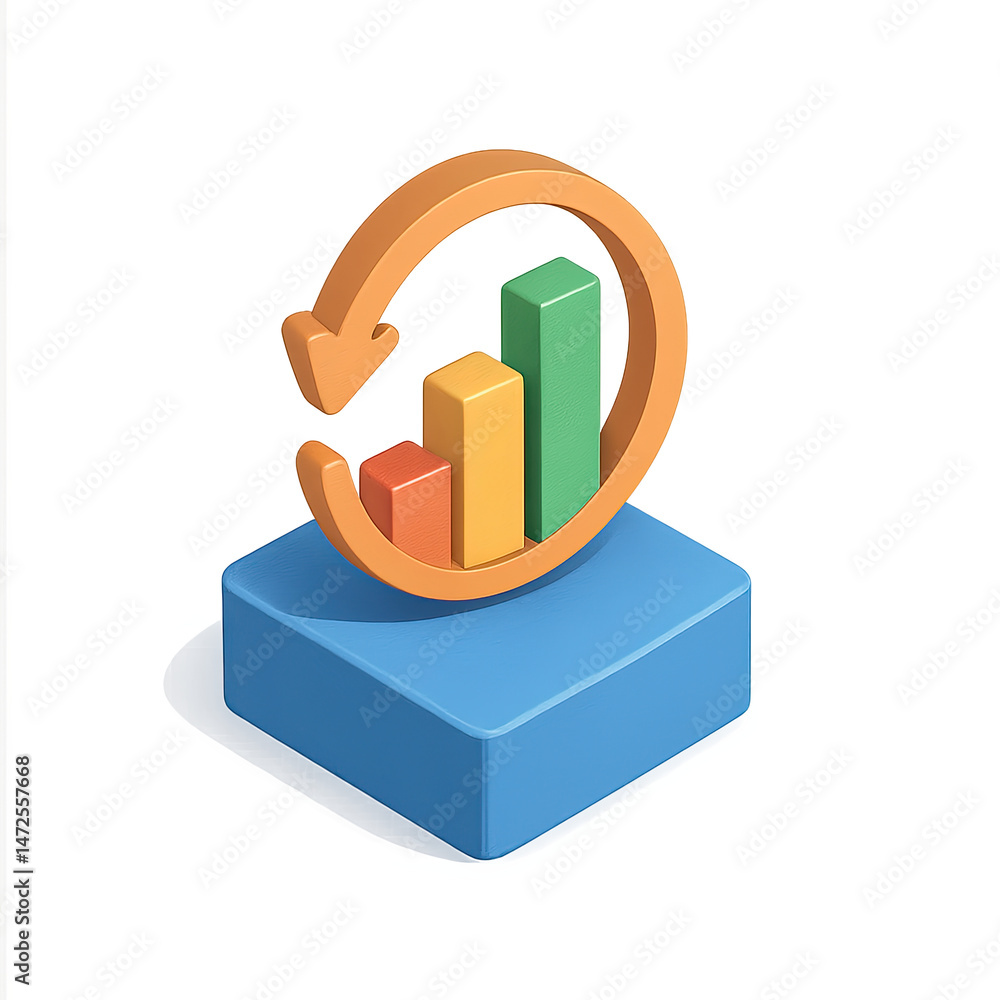 Poster 3d render of growing bar graph with circular arrow business growth and progress concept