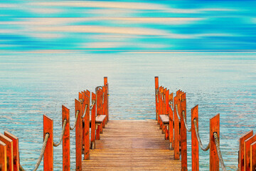 Watercolor Art: Golden Sunset over wooden Pier: tranquil waterfront scenery .