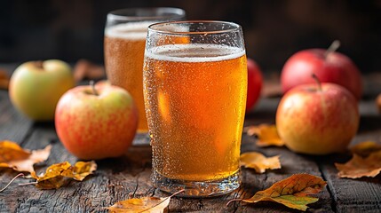 Autumn themed cider glass resting wooden table apples and autumn leaves scattered around warm diffused lighting highlighting cider clarity rich texture of glass and condensation