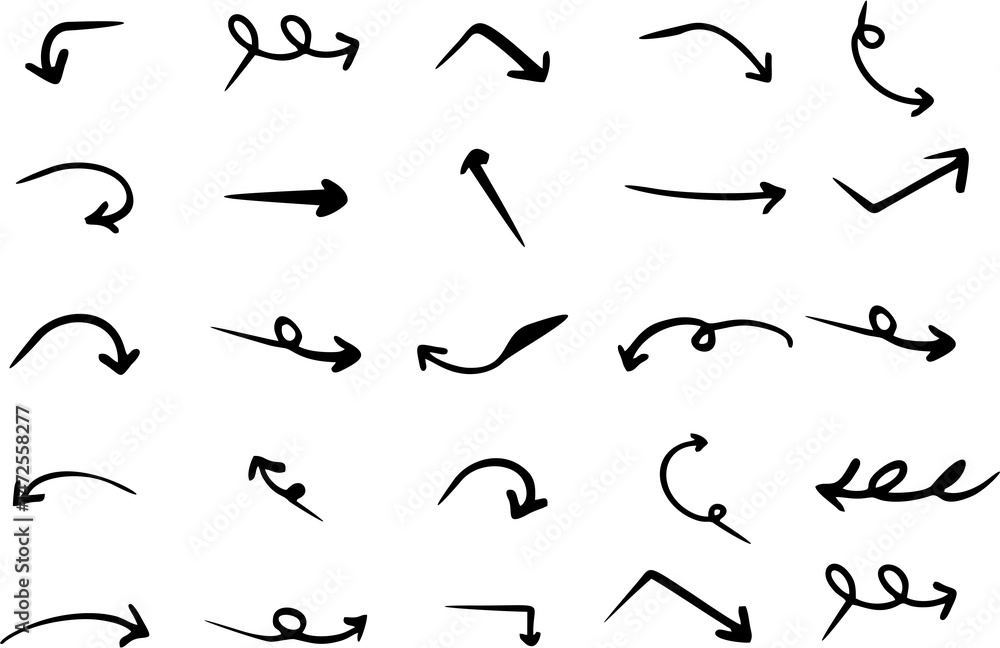 Poster hand drawn doodle wavy and curve and turn arrows isolated on white background. scribble design eleme