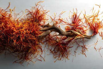 Dried saffron threads and a weathered branch artistically arranged on a white background, showcasing the vibrant colors and delicate texture of this prized spice.