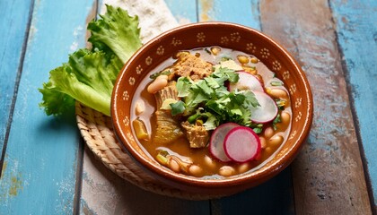 pozole is a traditional mexican soup made with hominy meat and chili peppers garnished with lettuce radish and herbs