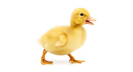 Fluffy yellow duckling walks confidently against bright white background. AI Generated