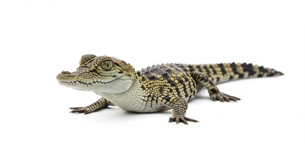 Cute baby crocodile crawls brightly lit white background. AI Generated