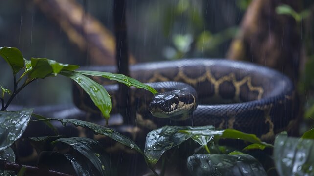 A close-up of a black reticulated python resting on a branch in a jungle setting, with leaves and branches around it.