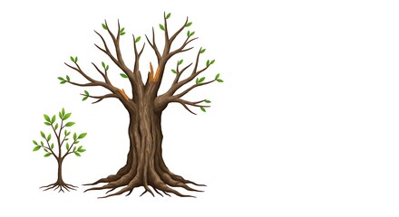 Fototapeta premium illustration of an elderly tree beside a young sapling, symbolizing Elder Abuse Awareness, clean and thoughtful design on white background.