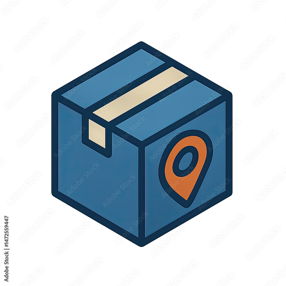 Poster isometric illustration of a package box with location pin showing delivery tracking and global shipp