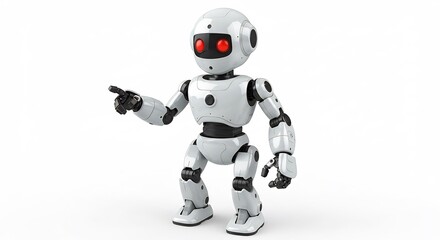 Fototapeta premium Friendly robot points confidently against bright white background. AI Generated