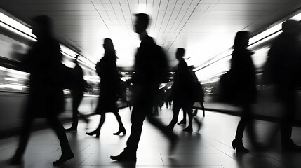 Silhouetted people walking in a tunnel or corridor with blurred background.