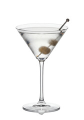 Classic martini clear spirit in glass, garnished with olives, sleek and sophisticated drink