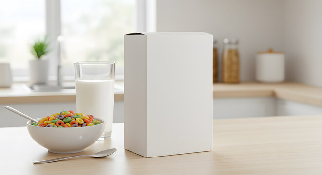 Cereal Box Mockup on Kitchen Counter with Bowl and Milk