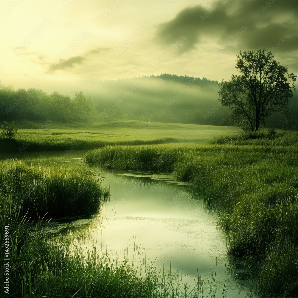 Poster green tone nature: serene landscapes with large empty spaces for text messages.