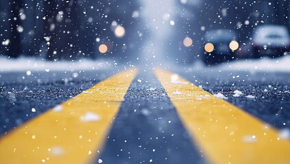 Snowy road, double yellow lines, winter day