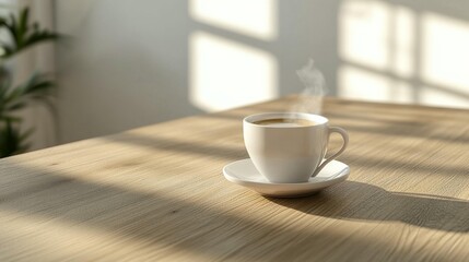 Fototapeta premium A steaming cup of coffee on a light wooden table, bathed in sunlight streaming through windows