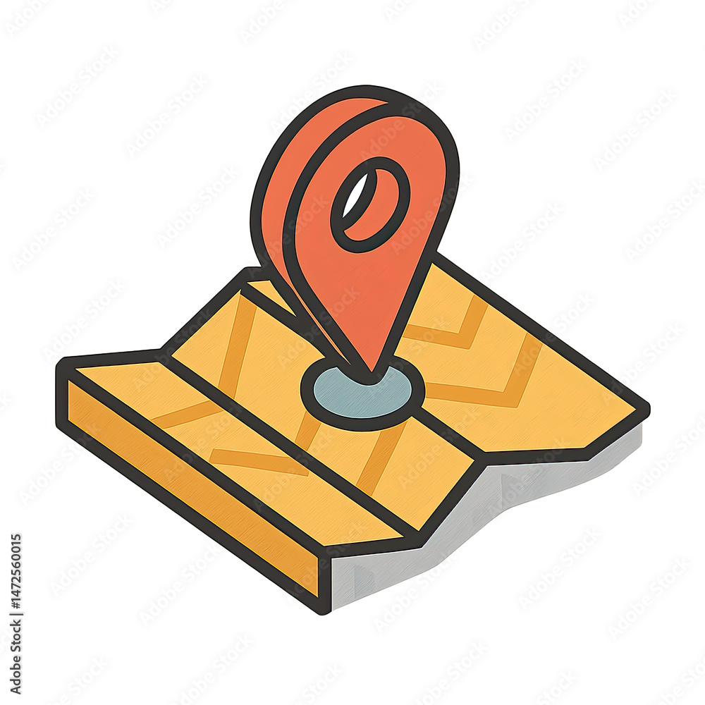 Poster isometric illustration of a location pin on a folded map for navigation and travel
