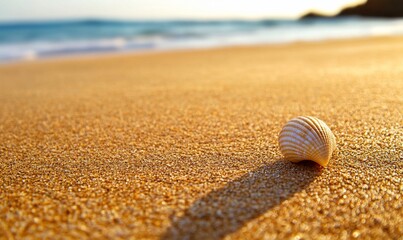 Seashell on Sandy Shoreline at Sunset: A Tranquil Coastal Scene