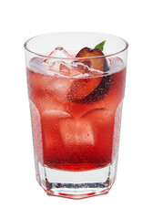 Refreshing plum cocktail in clear glass with ice, vibrant color, fruit garnish and basil leaf