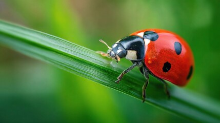 Obraz premium Vibrant Ladybug Crawling on a Green Grass Blade in Nature
