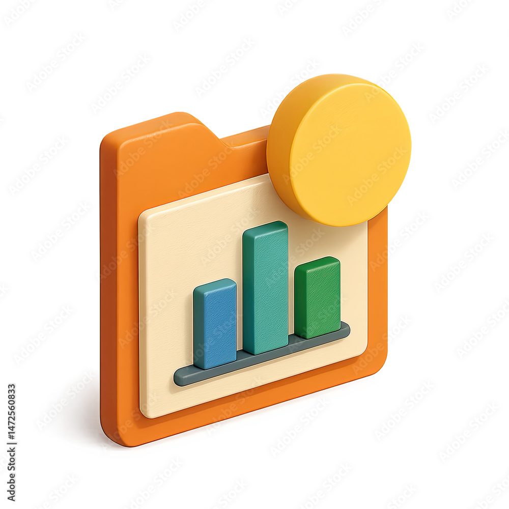 Poster 3d render of colorful bar graph data report icon on orange file folder with yellow circle