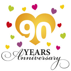 Anniversary emblem design. Modern negative space set of numbers. 90 years with colorful multicolored hearts on white background vector illustration