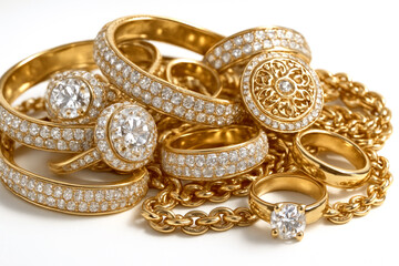 Pile of luxury gold jewelry with diamond rings, pavé bracelets, and chains arranged on white background. Brilliant sparkle and high-polish surfaces