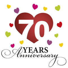Naklejka premium Anniversary emblem design. Modern negative space set of numbers. 70 years with colorful multicolored hearts on white background vector illustration