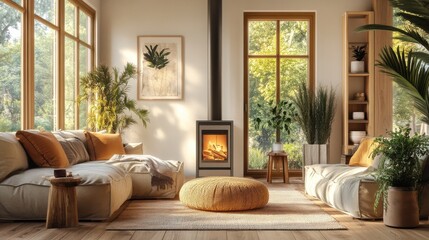 Obraz premium Modern Cozy Living Room with Active Pellet Stove and Sustainable Decor for Comfort and Warmth