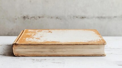 Photograph of an old book lying on a white wooden surface. the book appears to be old and worn, with a yellowish-brown cover and white pages.